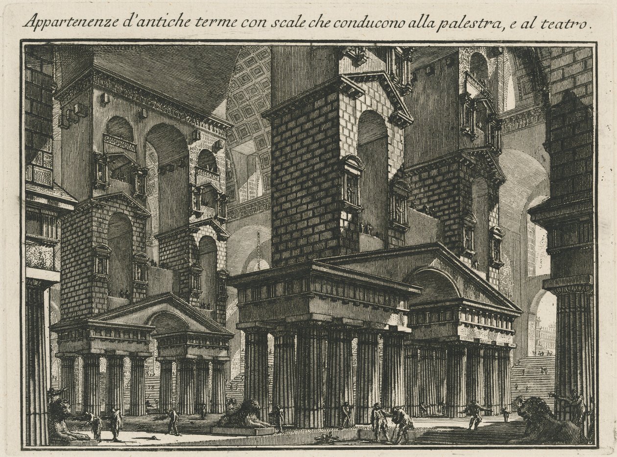 Obiekty antycznych łaźni ze schodami prowadzącymi do Palestar i do teatru autorstwa Giovanni Battista Piranesi
