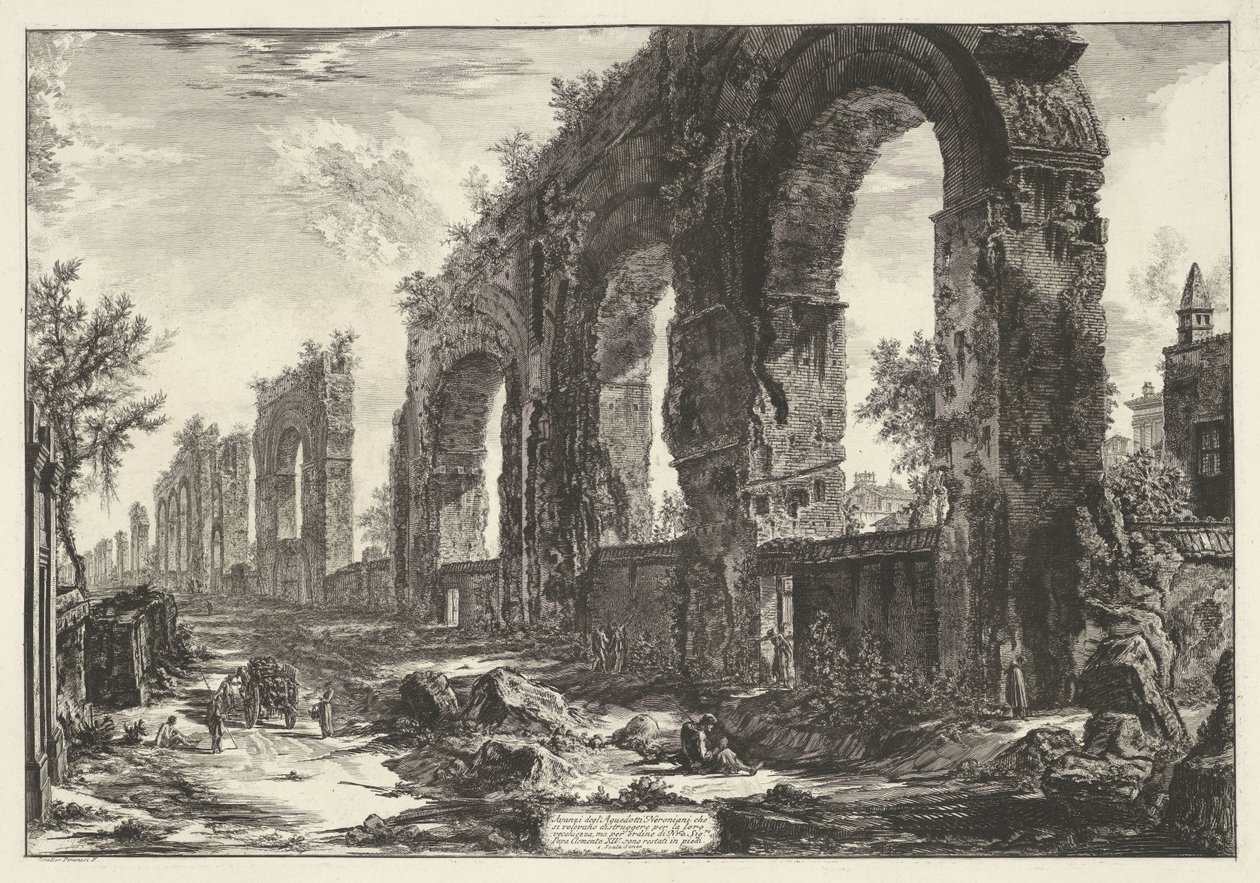 Aquaduct van Nero w Rzymie Resztki Akweduktów Nerońskich, które chcieli zniszczyć na starość (...) (tytuł na obiekcie) Gezichten op Rome (tytuł serii) Widoki Rzymu zaprojektowane i wyryte przez architekta Giambattistę Piranesiego Ve (nez) iano (ser autorstwa Giovanni Battista Piranesi