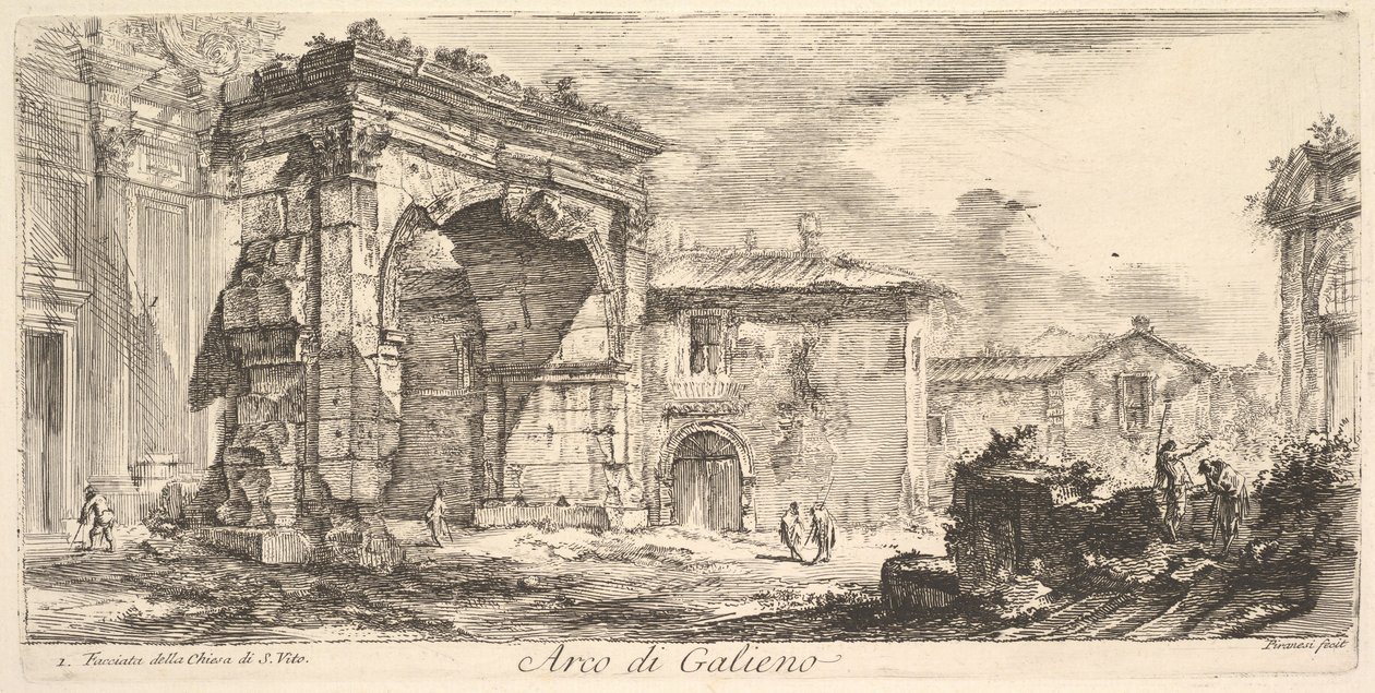 Łuk Gallienusa. 1. Fasada kościoła S. Vito Arco di Galieno. 1. Fasada ..., ca. 1748. autorstwa Giovanni Battista Piranesi