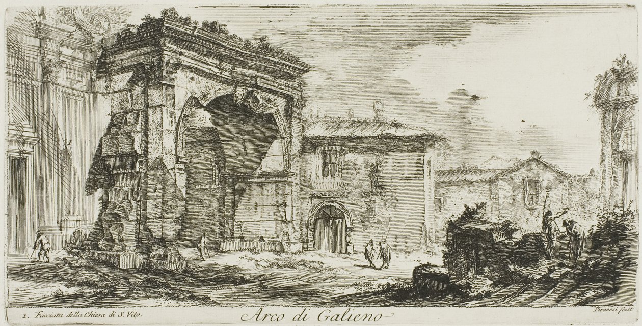 Łuk Galienusa. I. Fasada kościoła S. Vito, płyta 29 z Niektóre widoki łuków triumfalnych i innych zabytków autorstwa Giovanni Battista Piranesi