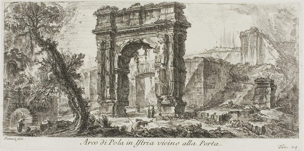 Łuk Pola na Istrii przy Bramie, tablica 24 z niektórych widoków łuków triumfalnych i innych zabytków autorstwa Giovanni Battista Piranesi