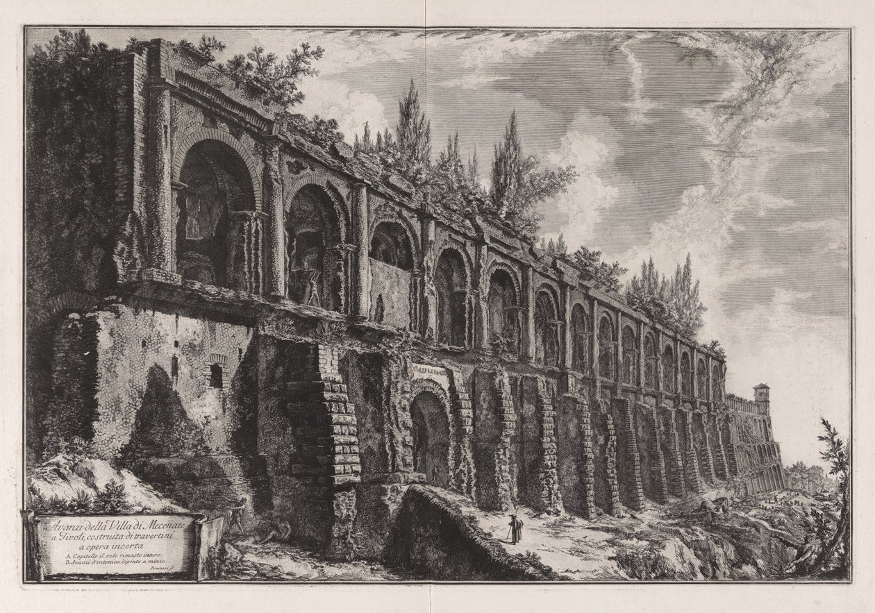 Pozostałości willi Mecenasa w Tivoli ... z Vedute di Roma autorstwa Giovanni Battista Piranesi
