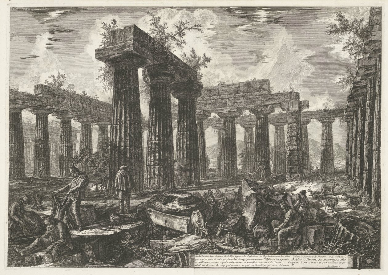 Bazylika di Paestum w Paestum Autre vue interior des restes du Collège supposé des Anfictions (tytuł przedmiotu) Różne widoki pozostałości trzech dużych budynków wciąż stojących w Paestum (tytuł serii) Differentes vues de quelques autorstwa Giovanni Battista Piranesi
