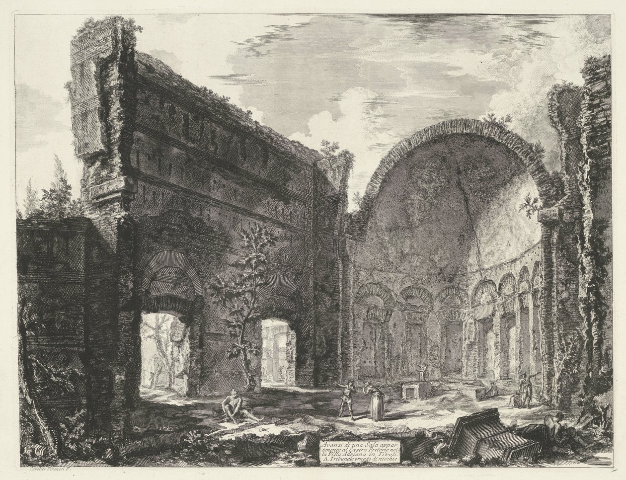 Bibliotheek w de Villa Adriana t i Tivoli Pozostałości pokoju należącego do Castro Pretorio w Villa Adriana w Tivoli (tytuł na obiekcie) Gezichten op Rome (tytuł serii) Widoki Rzymu zaprojektowane i wyryte przez architekta Giambattistę Piranesiego Ve (nez) autorstwa Giovanni Battista Piranesi