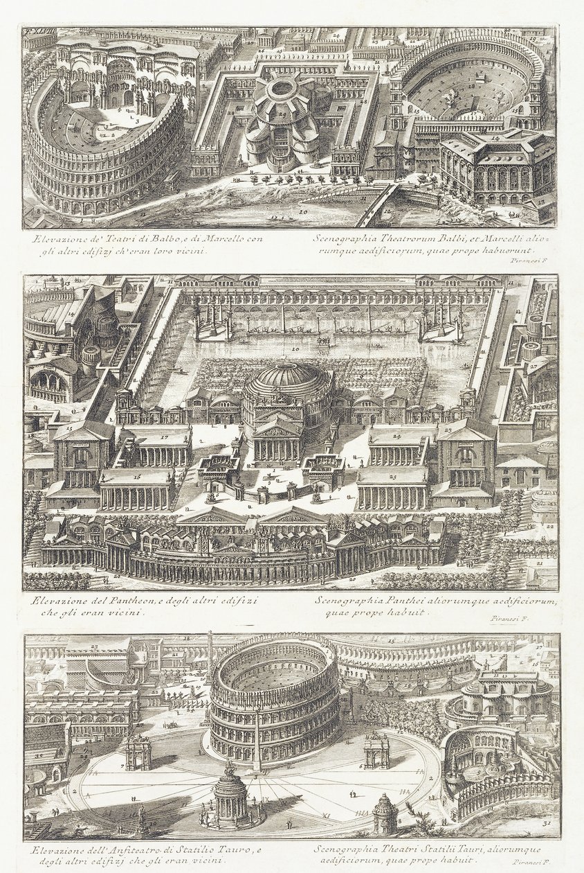 Widok z lotu ptaka na: teatry Balbo i Marcello, Panteon i okolice oraz amfiteatr Statilio Tauro autorstwa Giovanni Battista Piranesi