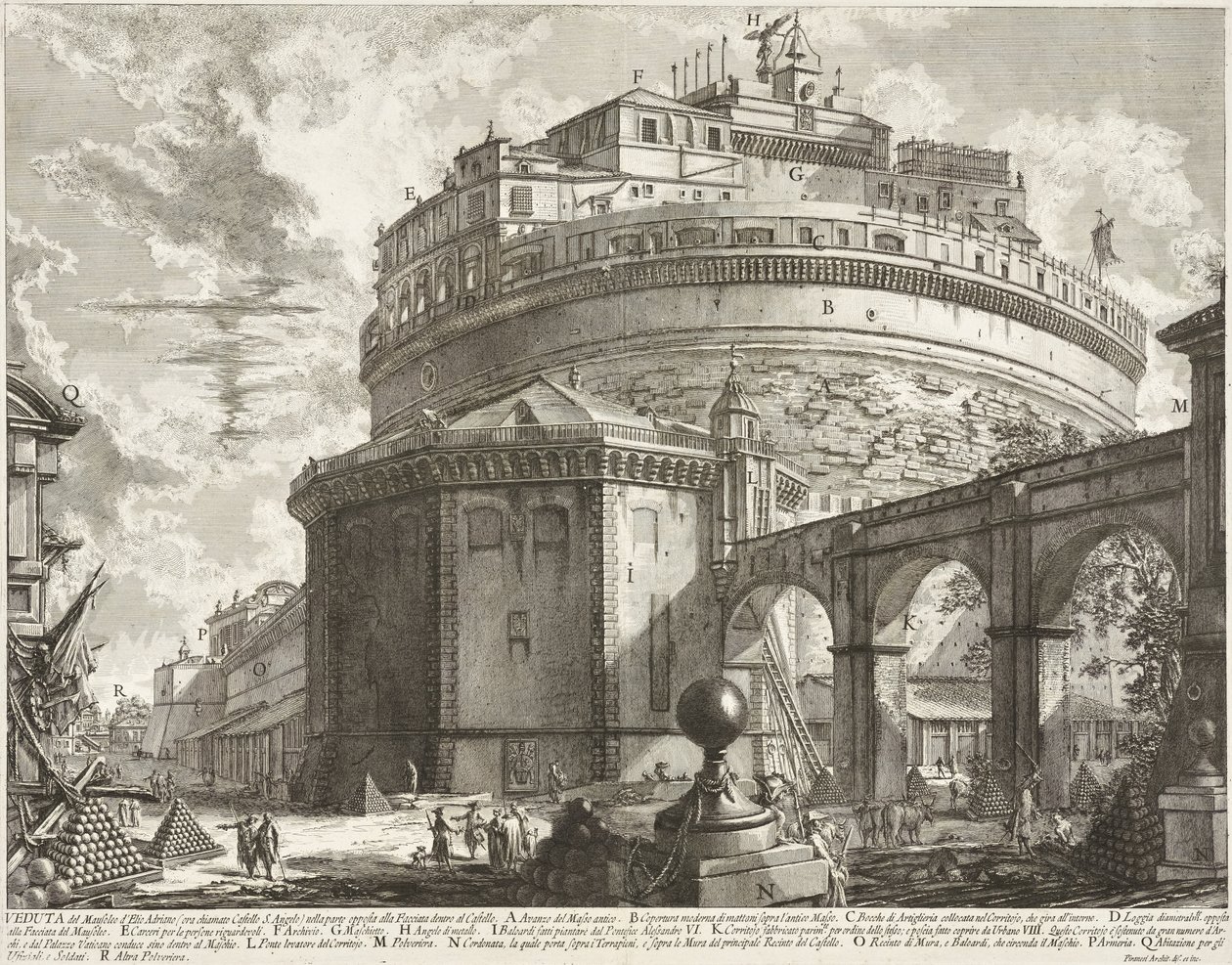 Widok na mauzoleum Aeliusza Hadriana (Zamek Świętego Anioła) autorstwa Giovanni Battista Piranesi