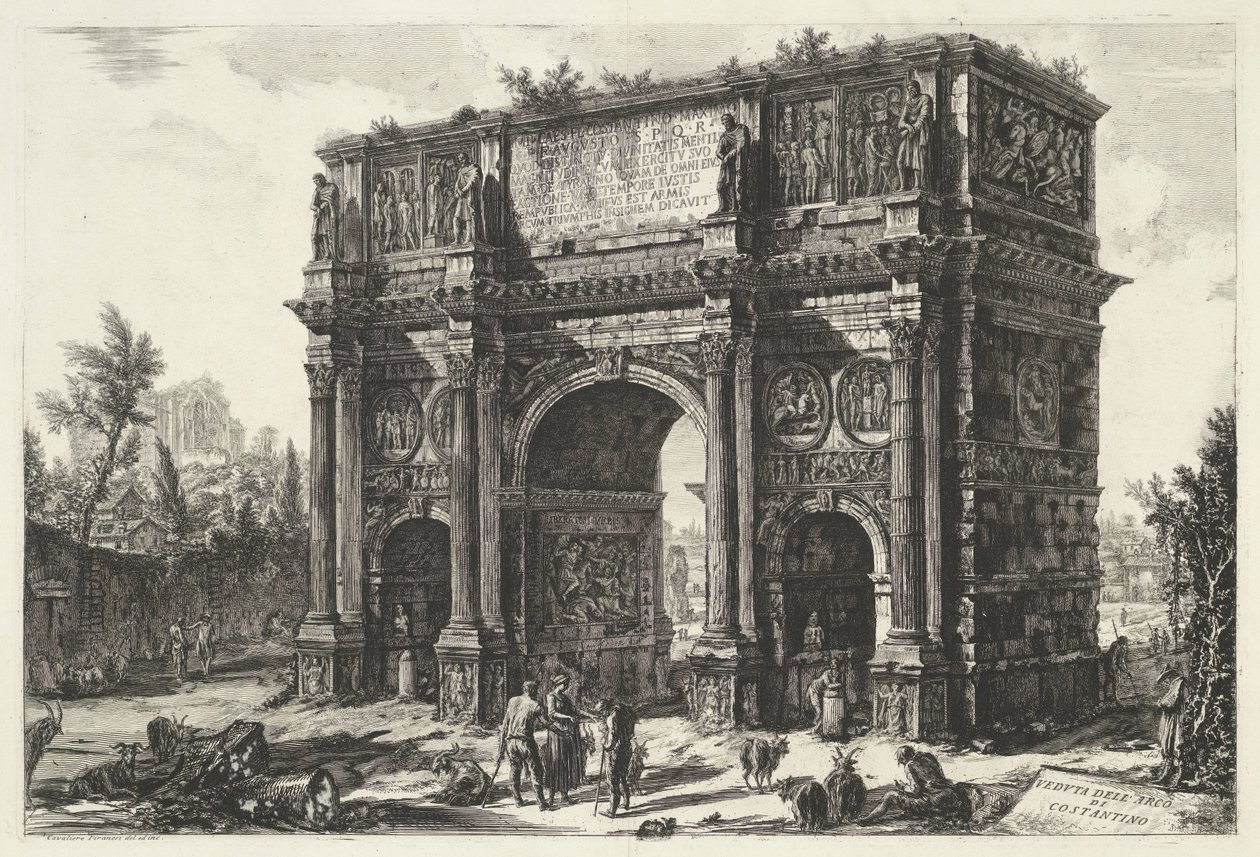 Boguś van Constantijn w Rzymie Widok Łuku Konstantyna (tytuł na obiekcie) Gezichten op Rome (tytuł serii) Widoki Rzymu zaprojektowane i wyryte przez architekta Giambattistę Piranesiego Ve (nez) iano (tytuł serii) autorstwa Giovanni Battista Piranesi