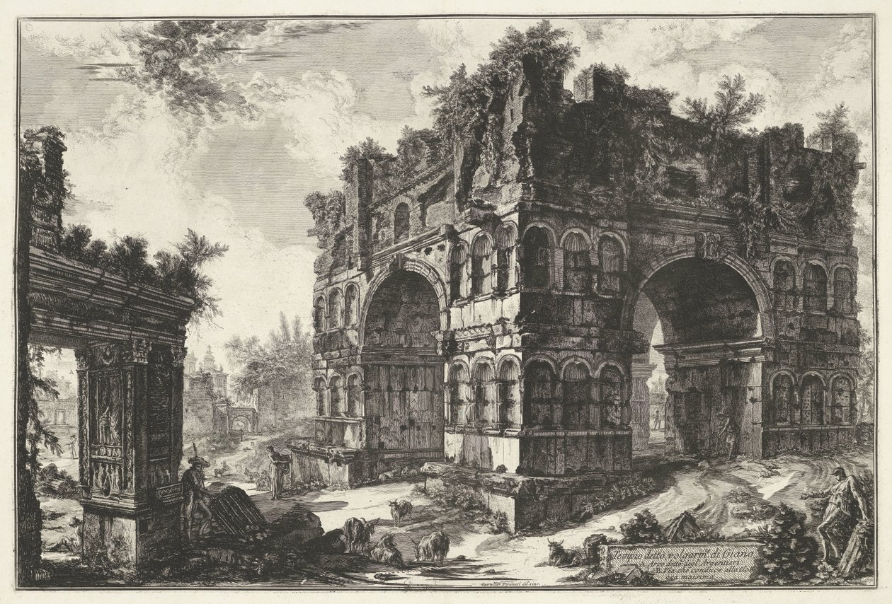 Boog van Janus en de Boog van de geldwisselaars te Rome Świątynia o nazwie volgarm.te di Giano (tytuł na obiekcie) Gezichten op Rome (tytuł serii) Widoki Rzymu zaprojektowane i wyryte przez architekta Giambattistę Piranesiego Ve (nez) iano (tytuł serii) autorstwa Giovanni Battista Piranesi