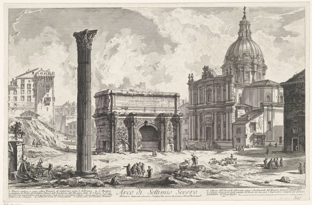 Boog van Septimius Severus op het Forum Romanum Łuk Septymiusza Sewera (...) (tytuł na obiekcie) Gezichten op Rome (tytuł serii) Widoki Rzymu zaprojektowane i wyryte przez architekta Giambattistę Piranesiego Ve (nez) iano (tytuł serii) autorstwa Giovanni Battista Piranesi