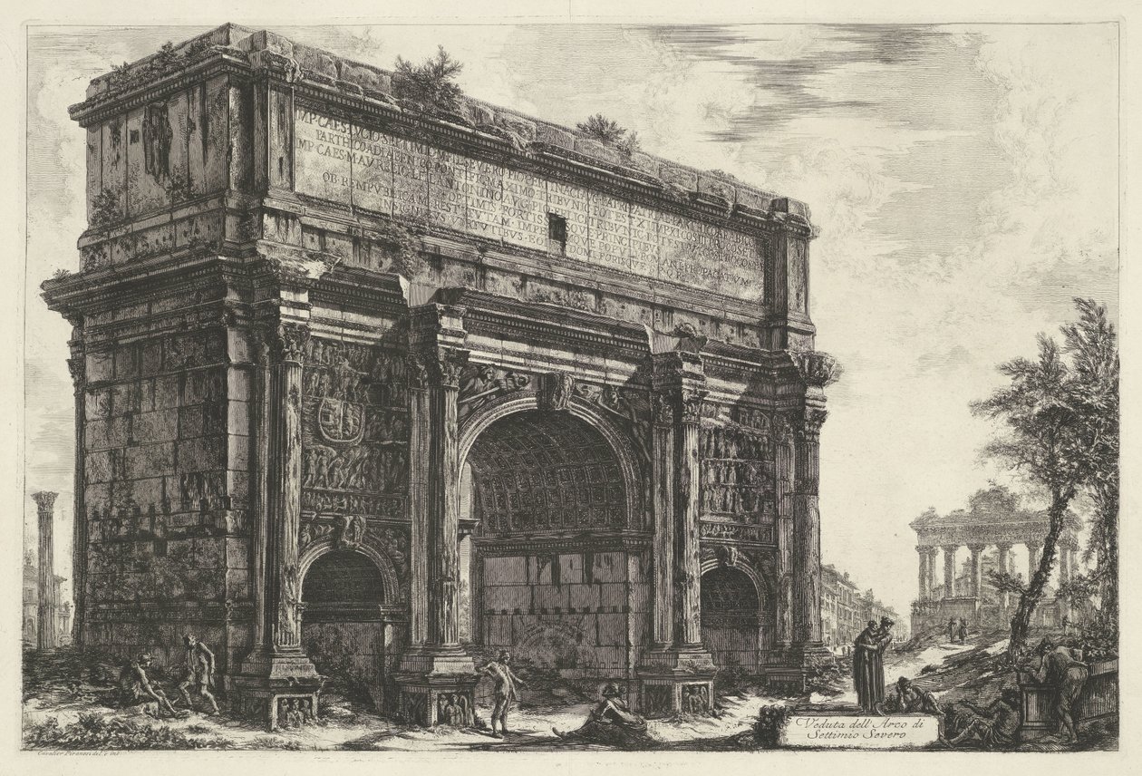 Boguś van Septymiusza Sewera w Rzymie Widok łuku Septymiusza Sewera (tytuł na obiekcie) Gezichten op Rome (tytuł serii) Widoki Rzymu zaprojektowane i wyryte przez architekta Giambattistę Piranesiego Ve (nez) iano (tytuł serii) autorstwa Giovanni Battista Piranesi