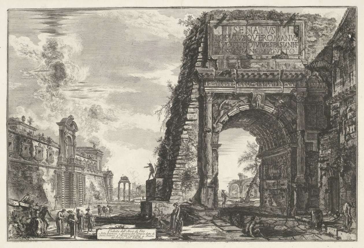 Boguś van Titus w Rzymie Widok Łuku Tytusa (tytuł na obiekcie) Gezichten op Rome (tytuł serii) Widoki Rzymu zaprojektowane i wyryte przez architekta Giambattistę Piranesiego Ve (nez) iano (tytuł serii) autorstwa Giovanni Battista Piranesi