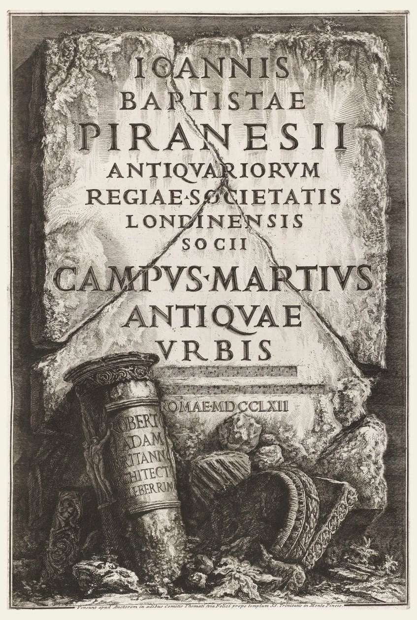 Książka, Frontispiece, z dedykacją dla Roberta Adama, w The Campo Marzio starożytnego Rzymu autorstwa Giovanni Battista Piranesi