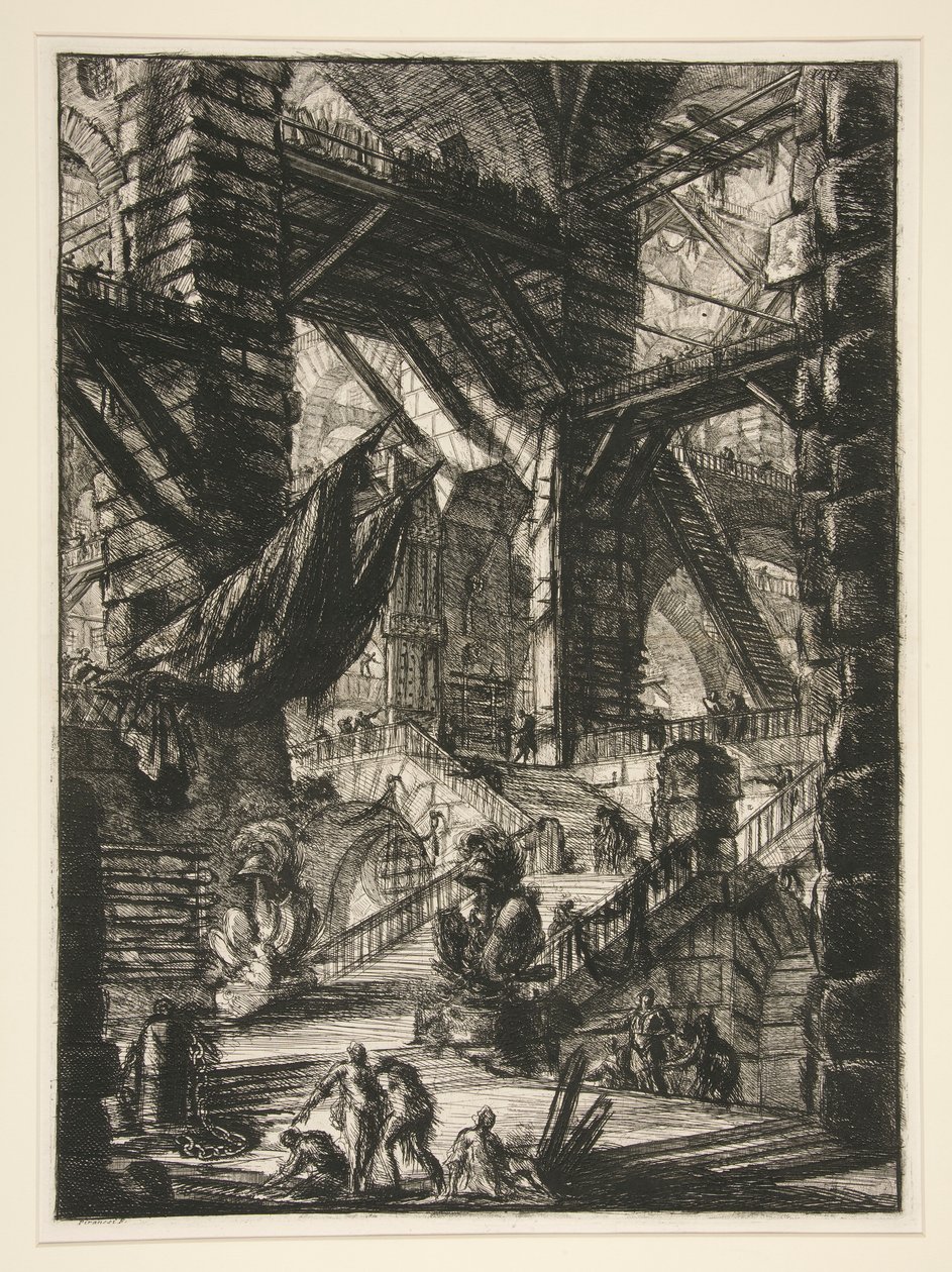 Carceri, VIII: Schody z trofeami autorstwa Giovanni Battista Piranesi