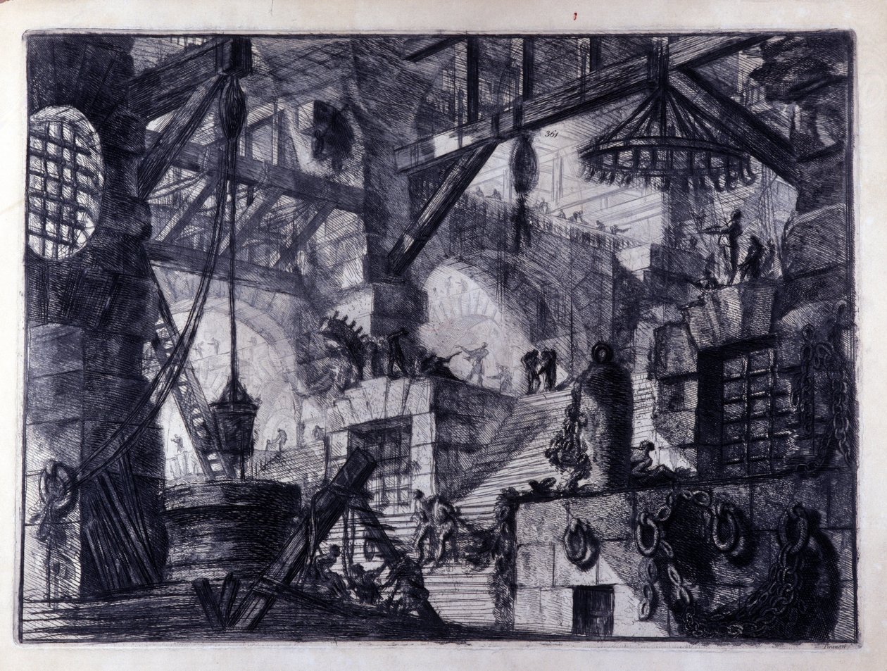 „Więzienia wynalazczości” „Wewnętrzny widok wyimaginowanego więzienia. Rysunek autorstwa Giovanniego Piranesiego (znanego jako Piranese) (1720-1778). autorstwa Giovanni Battista Piranesi