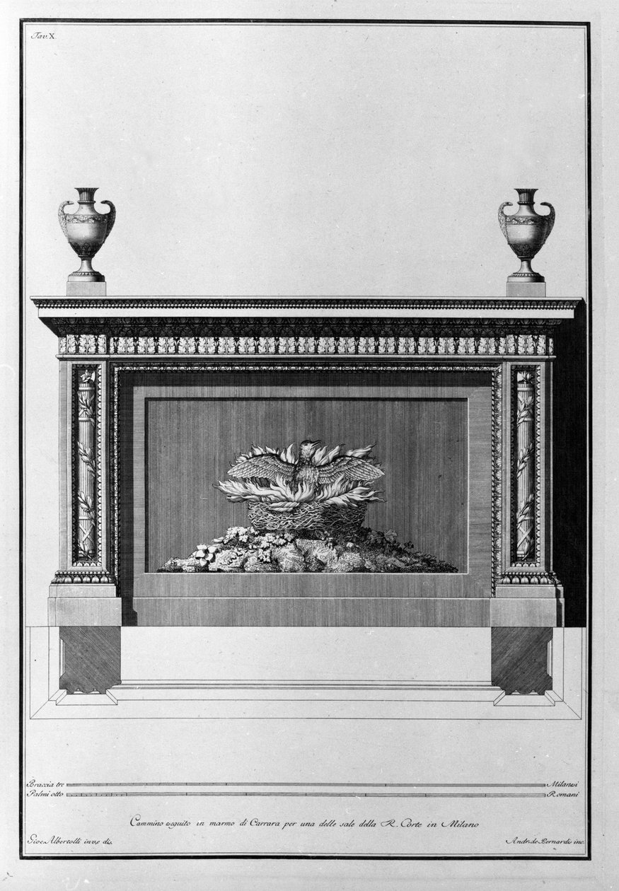 Projekt kominka z marmuru Carrara do mediolańskiego salonu. Rysunek autorstwa Giovanniego Piranesiego (znanego jako Piranese) (1720-1778). autorstwa Giovanni Battista Piranesi