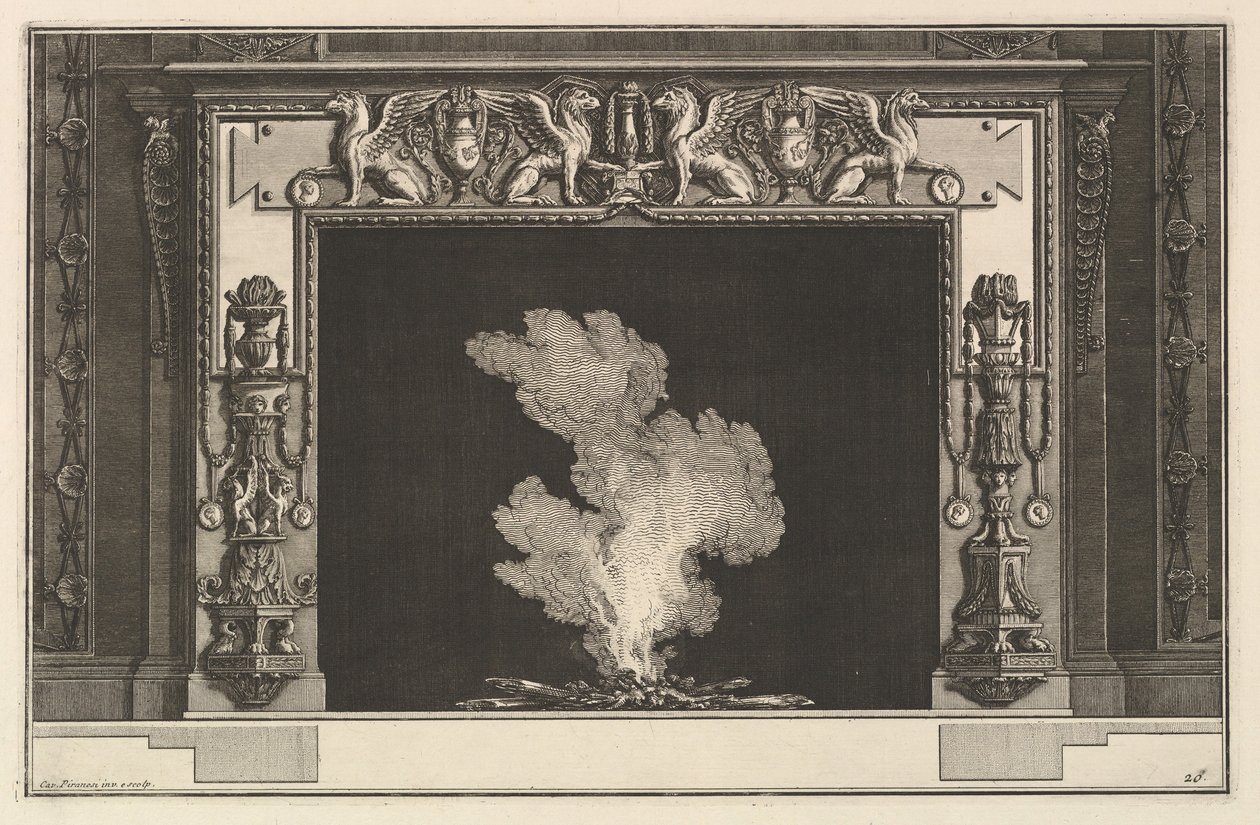 Komin: Znieważone gryfy na nadprożu i kandelabry na ościeżach Ch. zak..., ok. 1769. autorstwa Giovanni Battista Piranesi