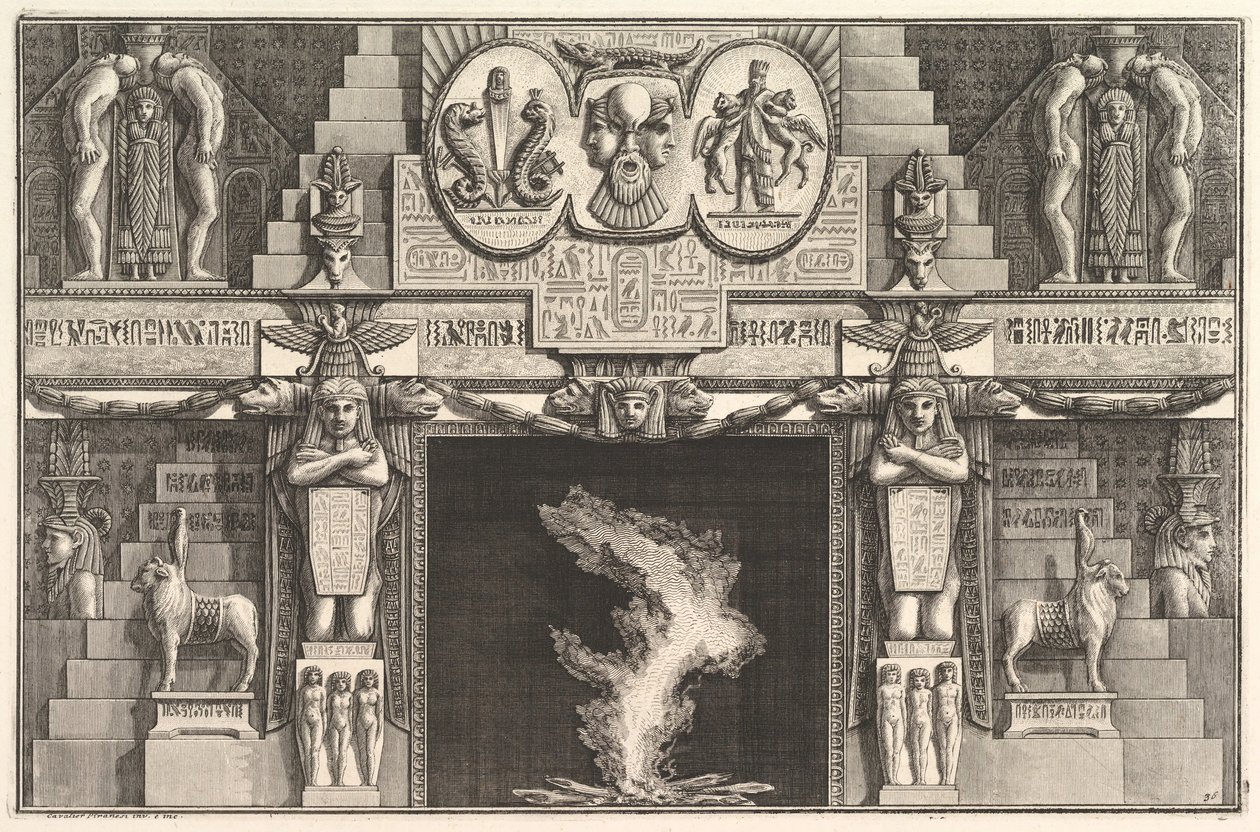 Kominek w stylu egipskim: Zgrupowania trzech aktów kobiecych u podstawy każdego j..., ca. 1769. autorstwa Giovanni Battista Piranesi
