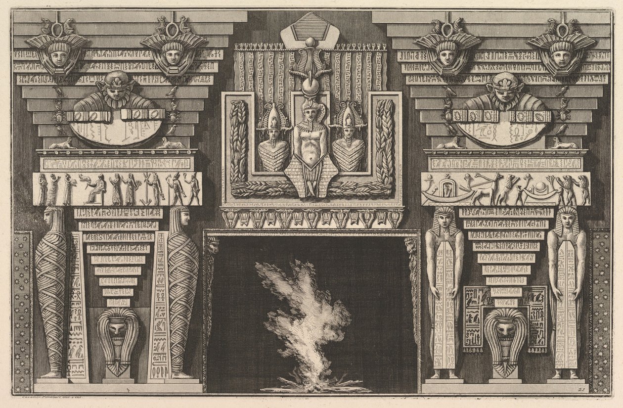 Komin w stylu egipskim: Dwie mumie z profilu po lewej stronie i dwie postacie..., ca. 1769. autorstwa Giovanni Battista Piranesi