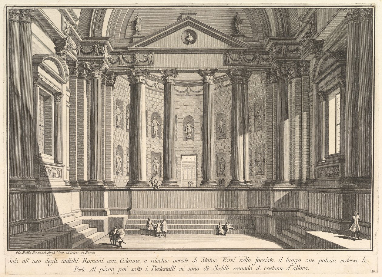 Sala kolumnadowa według zwyczaju starożytnych Rzymian, oraz nisze ozdobione..., ca. 1750. autorstwa Giovanni Battista Piranesi