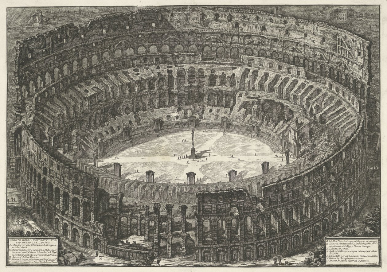 Koloseum w Rzymie Widok na Amfiteatr Flawiuszów znany jako Koloseum (tytuł na obiekcie) Gezichten op Rome (tytuł serii) Widoki Rzymu zaprojektowane i wyryte przez architekta Giambattistę Piranesiego Ve (nez) iano (tytuł serii) autorstwa Giovanni Battista Piranesi