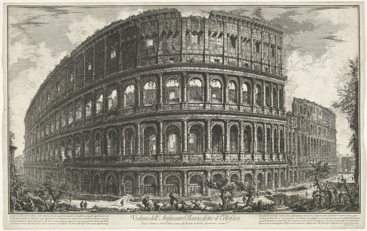 Koloseum w Rzymie Widok na Amfiteatr Flawiuszów, zwany Koloseum (tytuł na obiekcie) Gezichten op Rome (tytuł serii) Widoki Rzymu zaprojektowane i wyryte przez architekta Giambattistę Piranesiego Ve (nez) iano (tytuł serii) autorstwa Giovanni Battista Piranesi