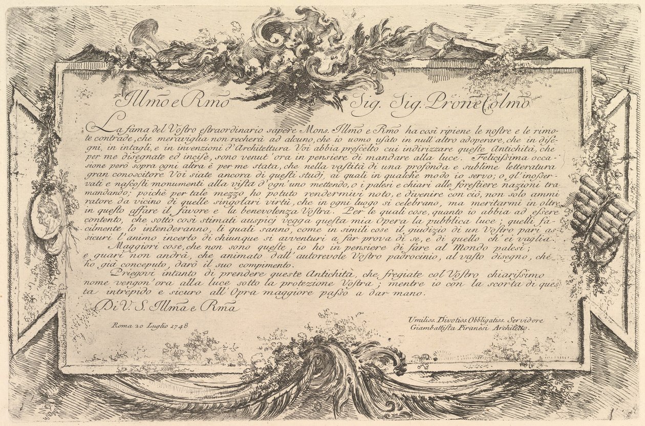 Dedykacja dla Giovanniego Bottari Dedykacja dla Bottari, ca. 1748. autorstwa Giovanni Battista Piranesi