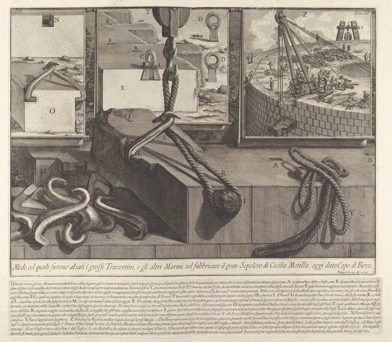 Tablica demonstracyjna pokazująca technikę wznoszenia bloków trawertynowych i marmurowych na budowę..., 1756. autorstwa Giovanni Battista Piranesi