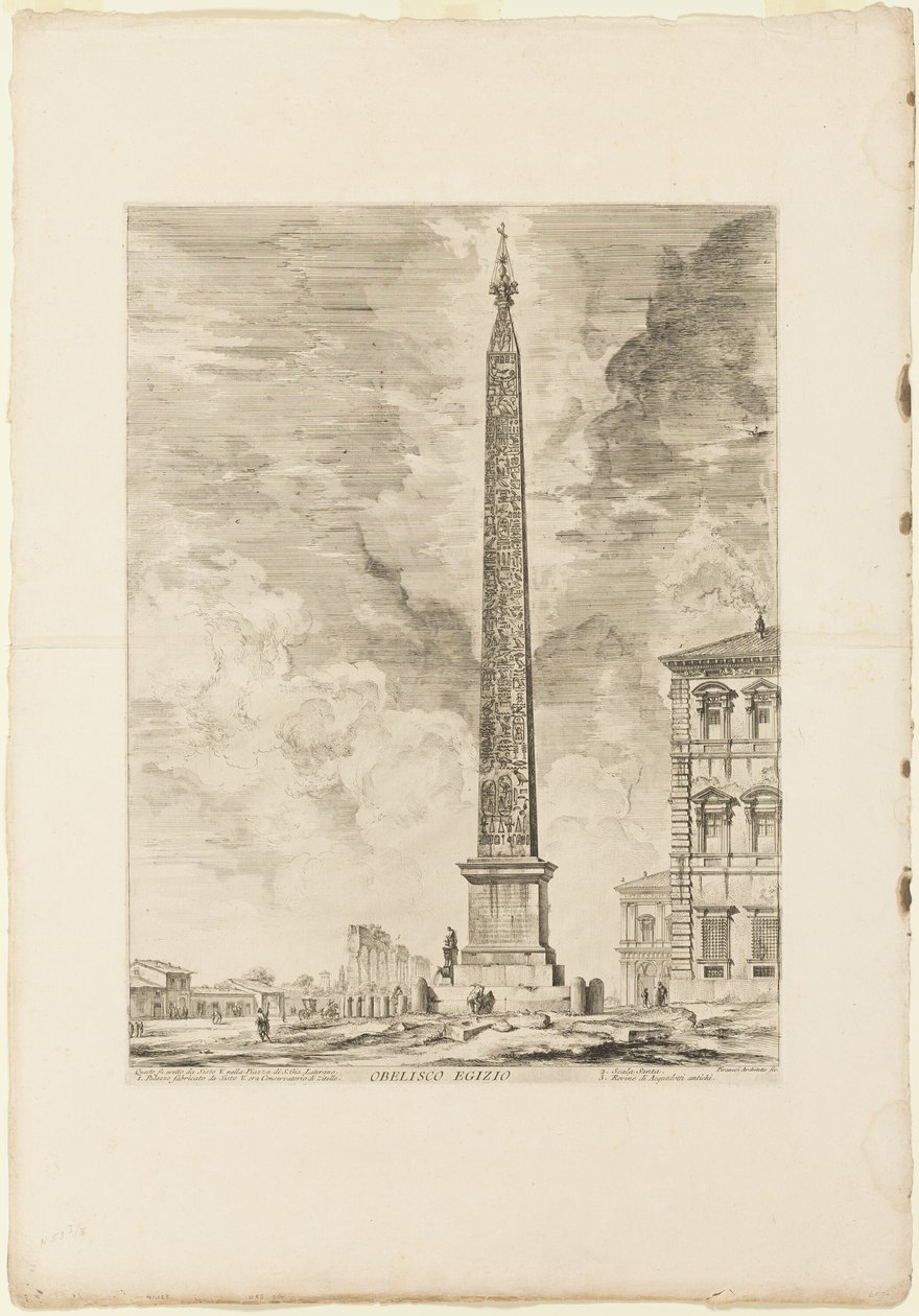 Obelisk egipski. Został wzniesiony przez papieża Sykstusa V na placu św. Jana na Lateranie, z Widoków Rzymu autorstwa Giovanni Battista Piranesi