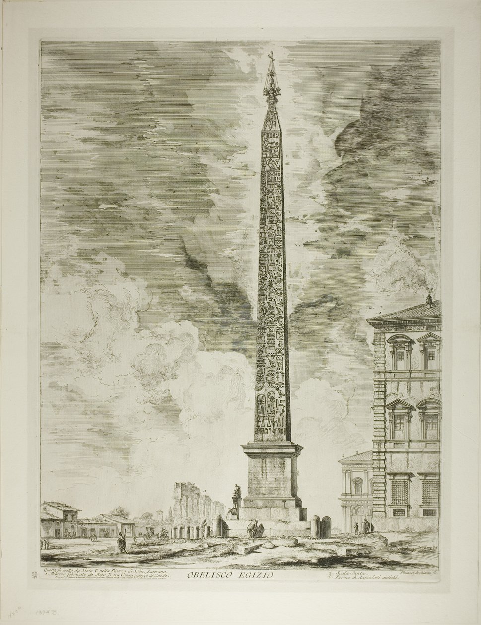 Obelisk egipski. Został wzniesiony przez papieża Sykstusa V na placu św. Jana na Lateranie, z Widoków Rzymu autorstwa Giovanni Battista Piranesi