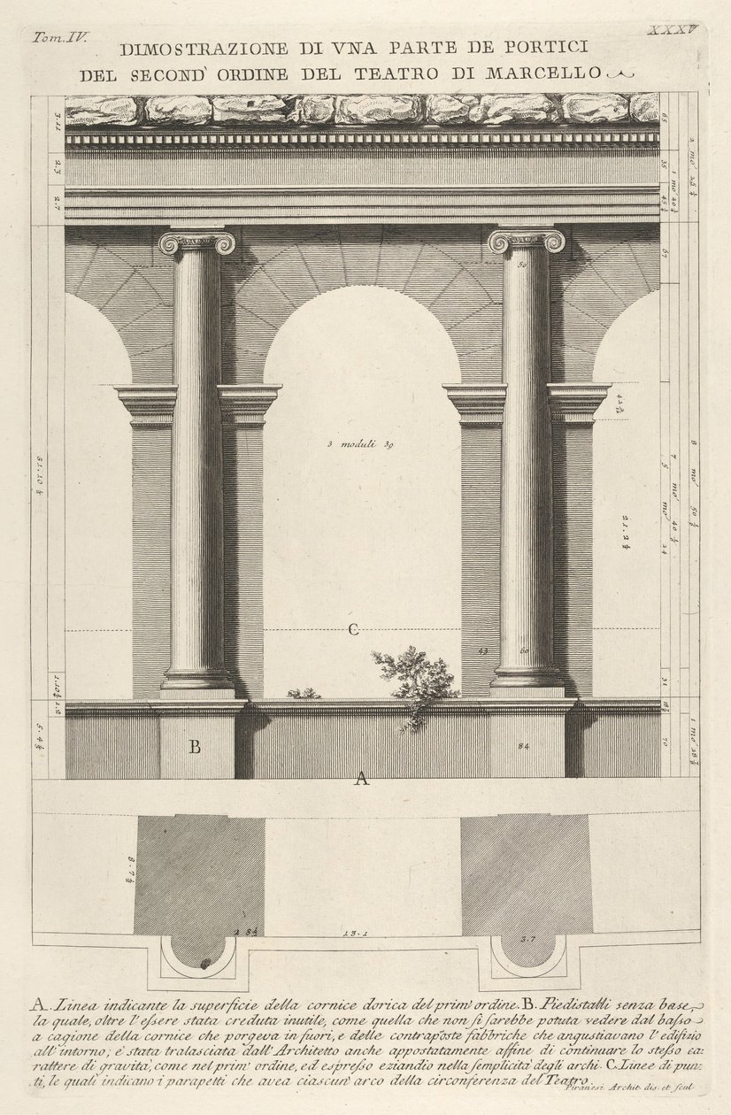 Elewacja i plan portyku II rzędu w Teatrze Marcellus Teatro di Marc..., 1756. autorstwa Giovanni Battista Piranesi