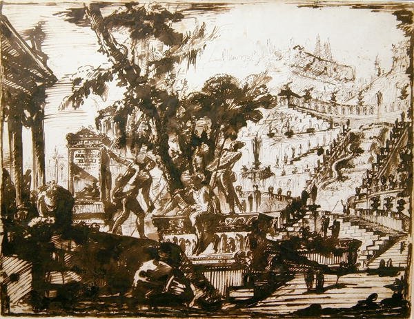 Fantastyczne Ogrody (pióro i atrament na papierze) autorstwa Giovanni Battista Piranesi
