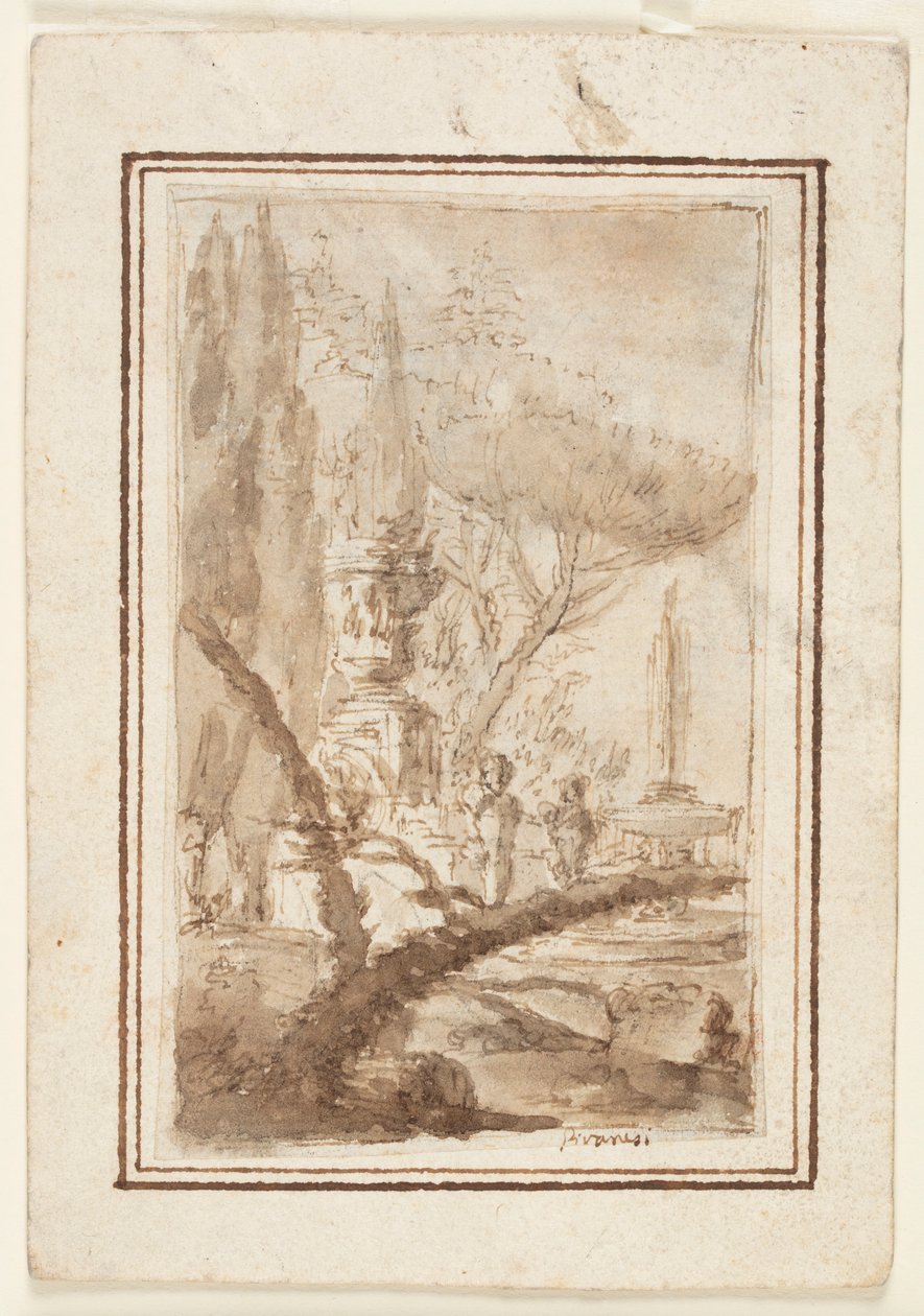 Fantazja ogrodu z monumentalną urną, rzeźbami i fontanną autorstwa Giovanni Battista Piranesi