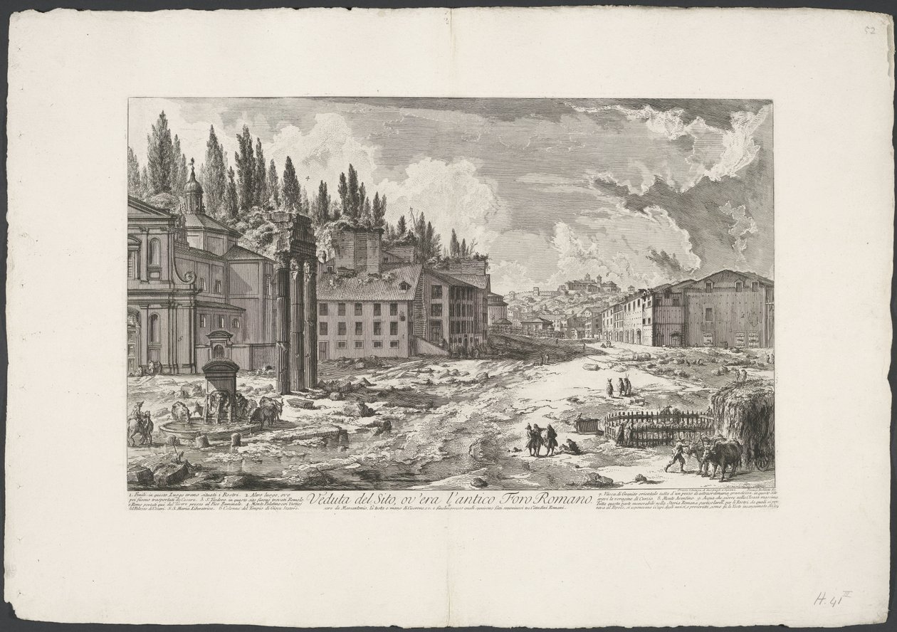 Forum Romanum spotkało się z Tempel van Jupiter Stator te Rome Widok miejsca, w którym znajdowało się starożytne Forum Romanum (tytuł na obiekcie) Gezichten op Rome (tytuł serii) Widoki Rzymu zaprojektowane i wyryte przez architekta Giambattistę Piranesieg autorstwa Giovanni Battista Piranesi