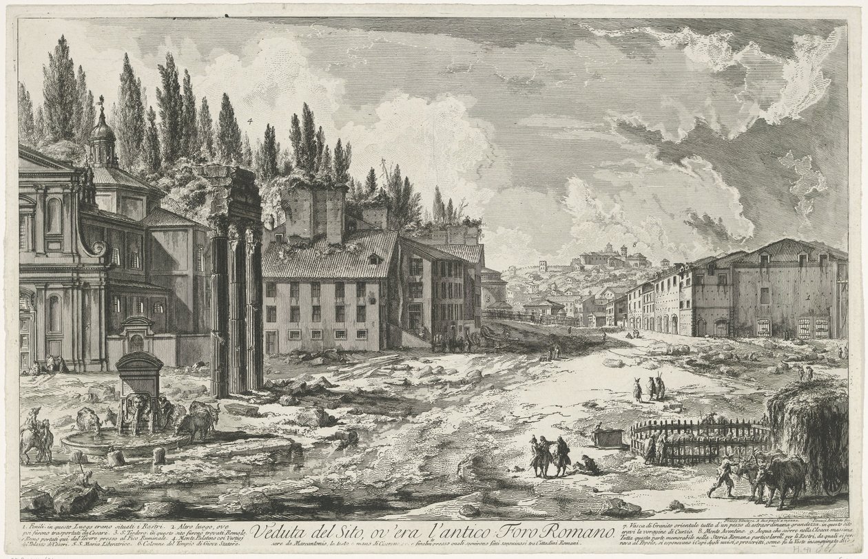Forum Romanum spotkało się z Tempel van Jupiter Stator te Rome Widok miejsca, w którym znajdowało się starożytne Forum Romanum (tytuł na obiekcie) Gezichten op Rome (tytuł serii) Widoki Rzymu zaprojektowane i wyryte przez architekta Giambattistę Piranesieg autorstwa Giovanni Battista Piranesi