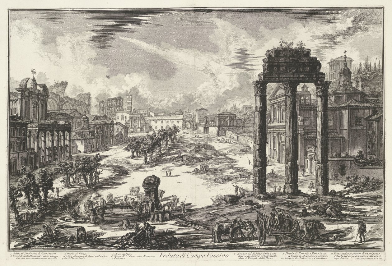 Forum Romanum w Rzymie Widok na Campo Vaccino (tytuł na obiekcie) Gezichten op Rome (tytuł serii) Widoki Rzymu zaprojektowane i wyryte przez architekta Giambattistę Piranesiego Ve (nez) iano (tytuł serii) autorstwa Giovanni Battista Piranesi