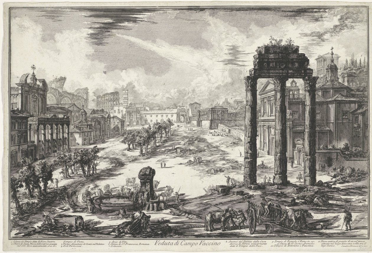 Forum Romanum w Rzymie Widok na Campo Vaccino (tytuł na obiekcie) Gezichten op Rome (tytuł serii) Widoki Rzymu zaprojektowane i wyryte przez architekta Giambattistę Piranesiego Ve (nez) iano (tytuł serii) autorstwa Giovanni Battista Piranesi