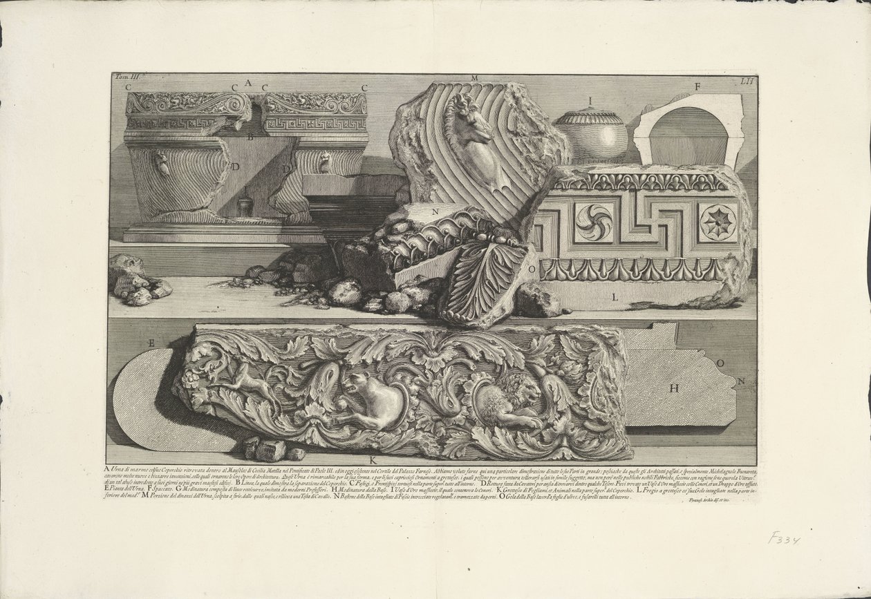 Fragmenty z grobowca Cecylii Metelli w Rzymie Znaleziska archeologiczne w Rzymie i okolicach (tytuł serii) Le Antichita Romane (tytuł serii) autorstwa Giovanni Battista Piranesi