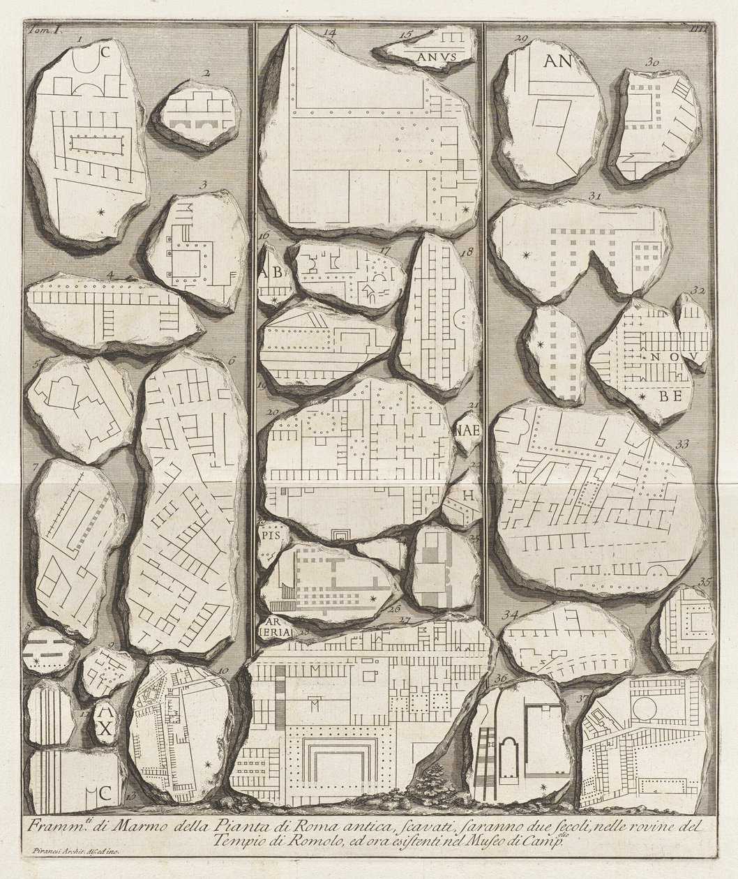 Fragmenty marmuru z planu starożytnego Rzymu autorstwa Giovanni Battista Piranesi