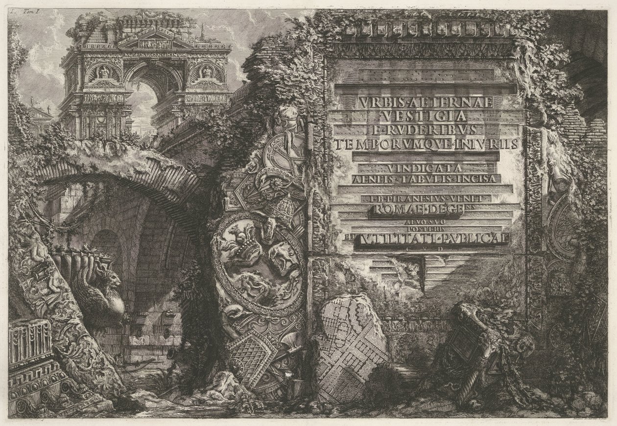 Frontispiece spotkał antyczne ruiny i een triumphboog Frontyspis tomu I „Le Antichità Romane” I. B. Pranesius Venet Rzym, żyjący w swoim wieku dla potomności i korzyści autorstwa Giovanni-Battista Piranesi