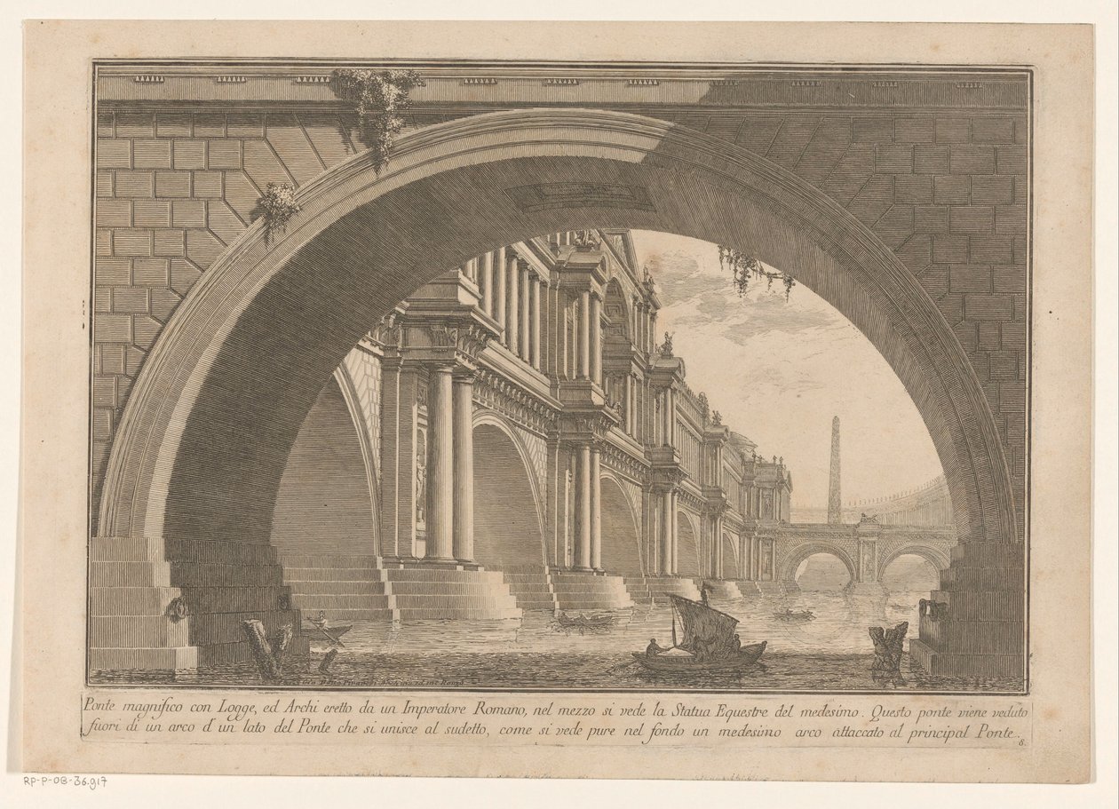 Widok na most z łukami i loggiami Pierwsza część Architektura i perspektywy (tytuł serii) Prima parte di architetture e prospettive (tytuł serii) autorstwa Giovanni Battista Piranesi