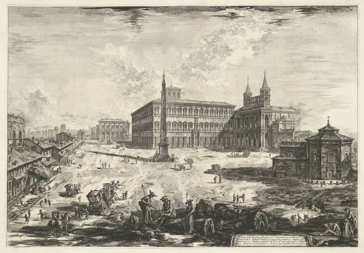 Gezicht op het Lateraan te Rome met de Sint-Jan van Lateranen Widok na Piazza i Bazylikę S. Giovanni in Laterano (tytuł na obiekcie) Gezichten op Rome (tytuł serii) Widoki Rzymu zaprojektowane i wyryte przez architekta Giambattistę Piranesiego Ve (nez) ian autorstwa Giovanni Battista Piranesi