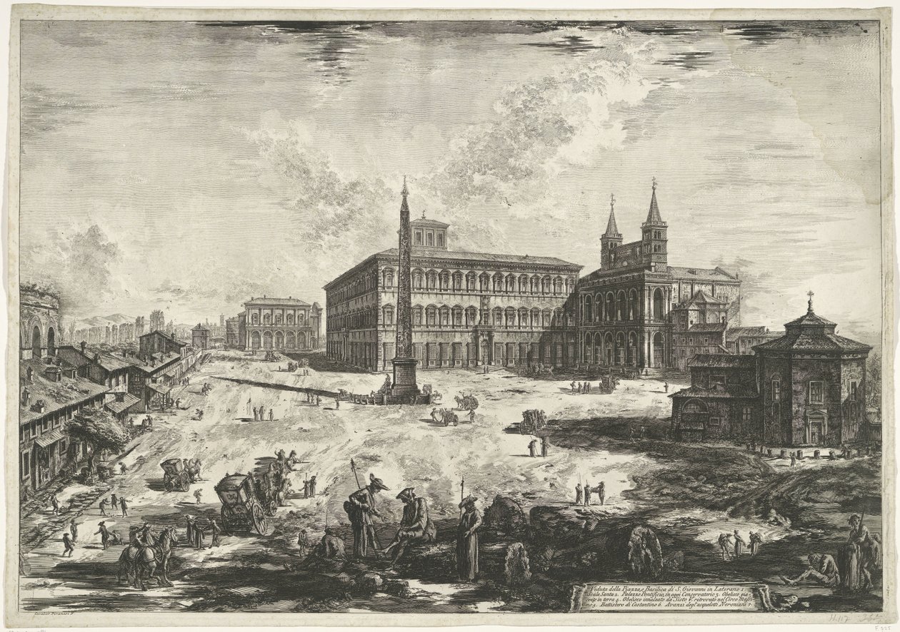 Gezicht op het Lateraan te Rome met de Sint-Jan van Lateranen Widok na Piazza i Bazylikę S. Giovanni in Laterano (tytuł na obiekcie) Gezichten op Rome (tytuł serii) Widoki Rzymu zaprojektowane i wyryte przez architekta Giambattistę Piranesiego Ve (nez) ian autorstwa Giovanni Battista Piranesi