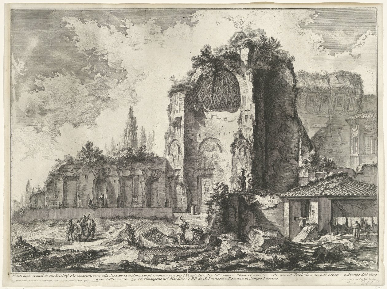 Gezichten op Rome, de Campagna itp. (122 ostrza) Widok szczątków dwóch Triclinium należących do Złotego Domu Nerona (...) (tytuł na obiekcie) Gezichten op Rome (tytuł serii) Widoki Rzymu zaprojektowane i wyryte przez architekta Giambattista Piranesi autorstwa Giovanni Battista Piranesi