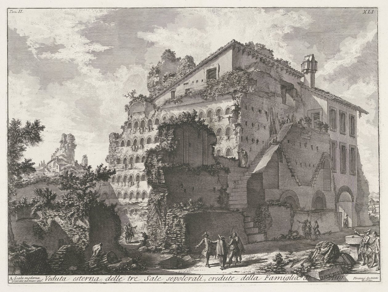 Graftombe van familie van keizer Augustus Widok zewnętrzny trzech pomieszczeń grobowych, uważanych za należące do rodziny Aug.to (tytuł na obiekcie) Archeologische vondsten in en rond Rome (tytuł serii) Starożytności rzymskie (tytuł serii) autorstwa Giovanni Battista Piranesi