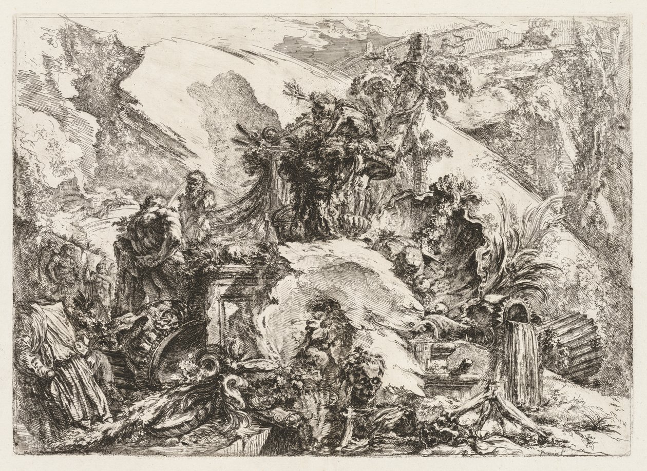 Groteschi: Ruiny z głową i szkieletem śmierci autorstwa Giovanni Battista Piranesi