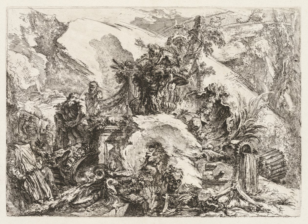 Groteschi: Ruiny z głową śmierci i szkieletem. autorstwa Giovanni Battista Piranesi