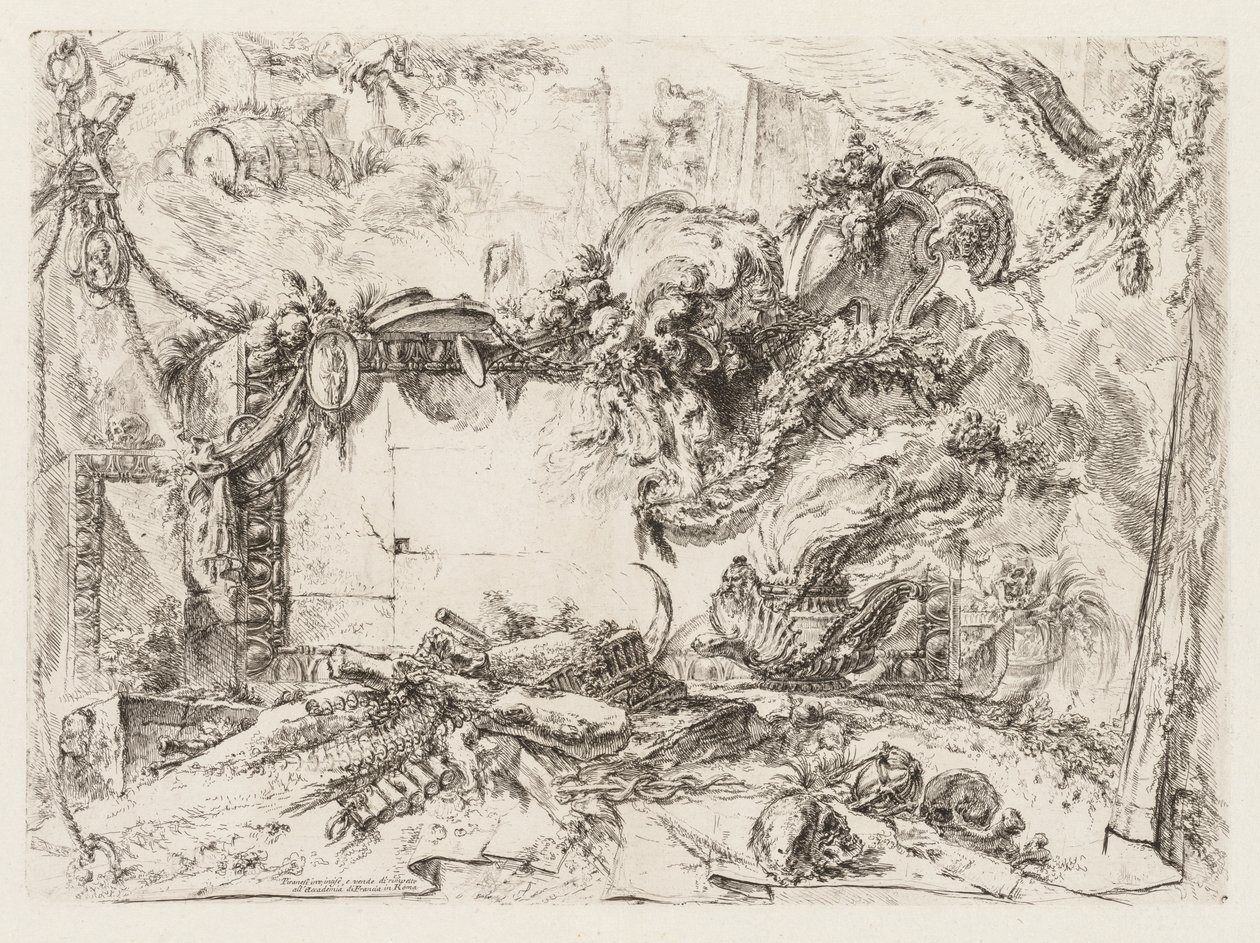 Groteschi: Ruiny z czaszkami i dymiącą wazą autorstwa Giovanni Battista Piranesi