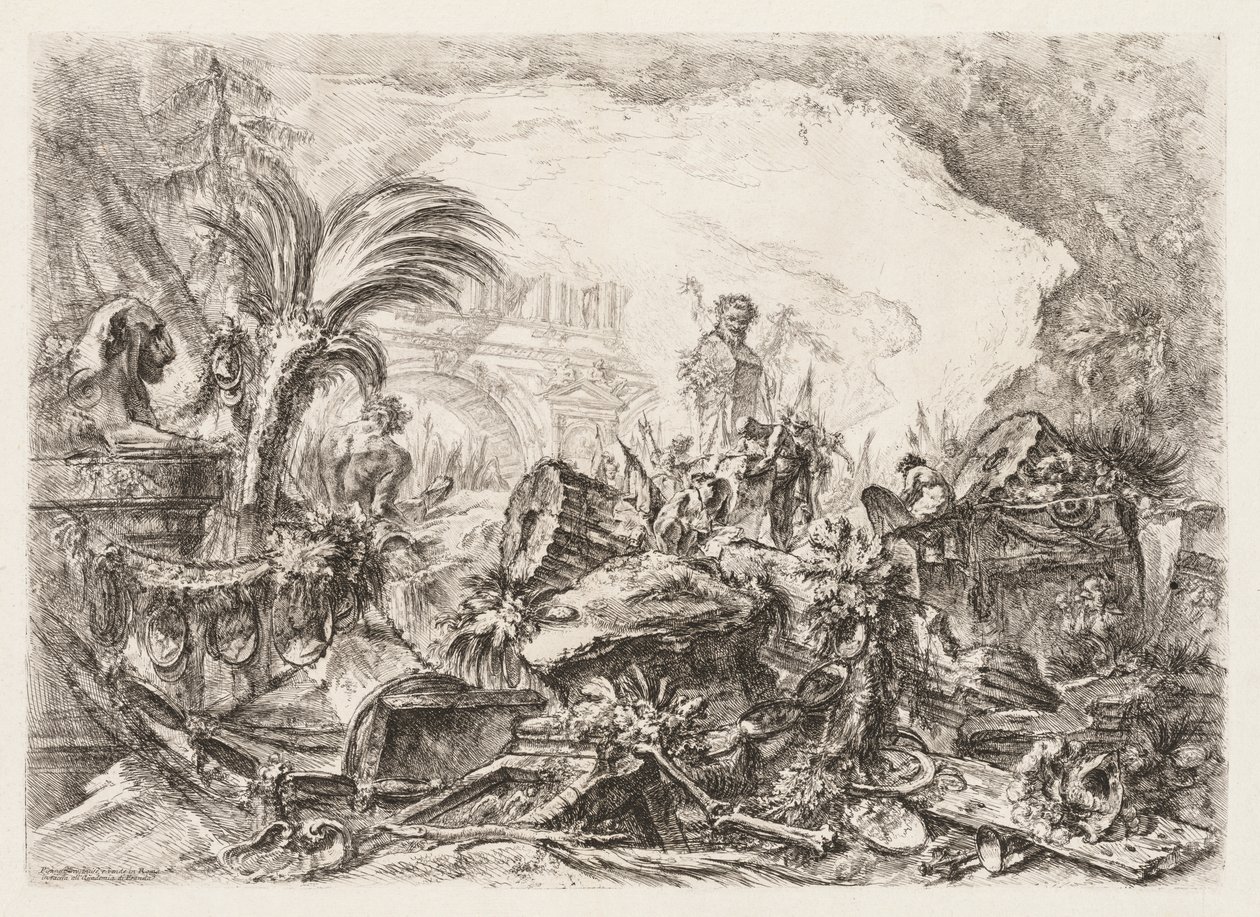 Groteschi: Ruiny z posągiem fauna i upadłą kolumną autorstwa Giovanni Battista Piranesi