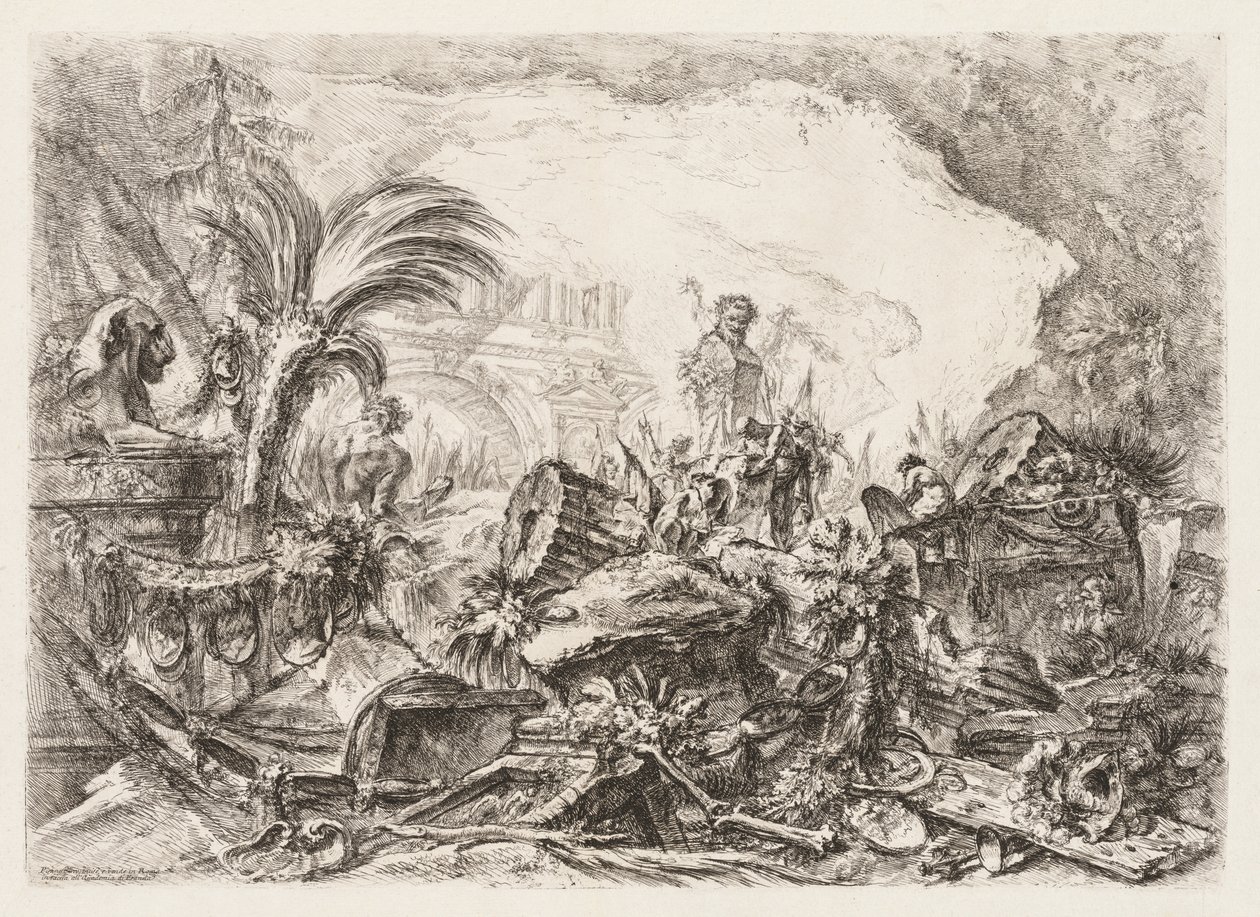 Groteschi: Ruiny z posągiem fauna i upadłą kolumną, ca. 1745-50. autorstwa Giovanni Battista Piranesi