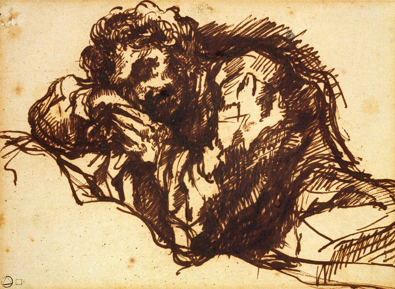Połowa długości portret mężczyzny pochylającego się nad (pióro i atrament na papierze) autorstwa Giovanni Battista Piranesi